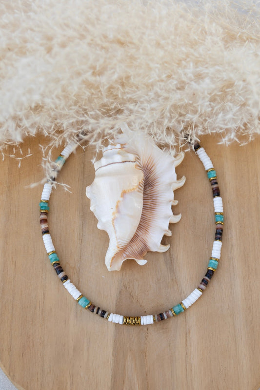 Collier Surfeur Summer en pierre d'Amazonite, hématite, nacre et coquillage