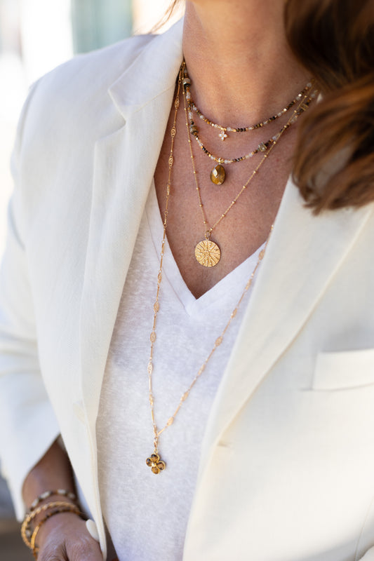 Colliers Oriane et Alba en pierres de citrine, jaspe et oeil du tigre