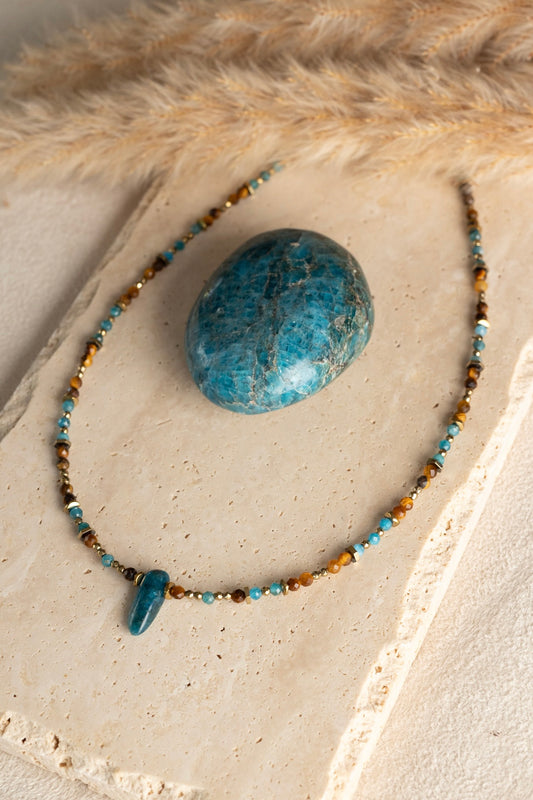 Collier Gabie en pierres naturelles d'Apatite et Oeil du tigre