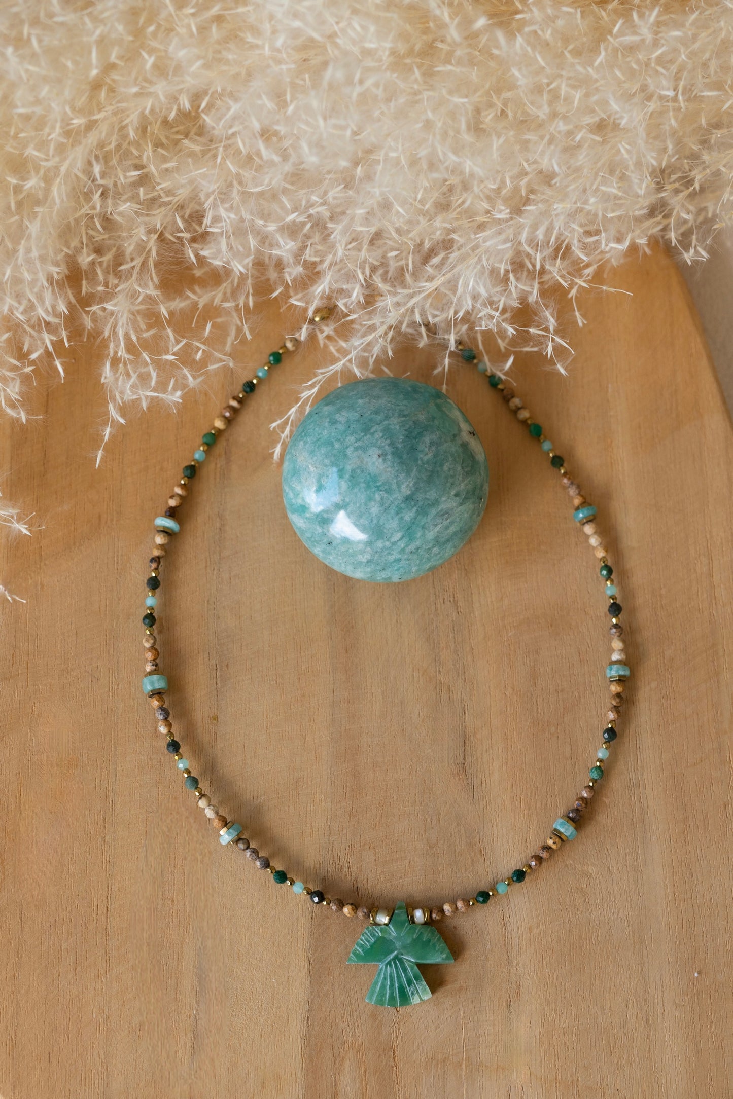Collier Charlie en pierres d'Amazonite et Jaspe beige