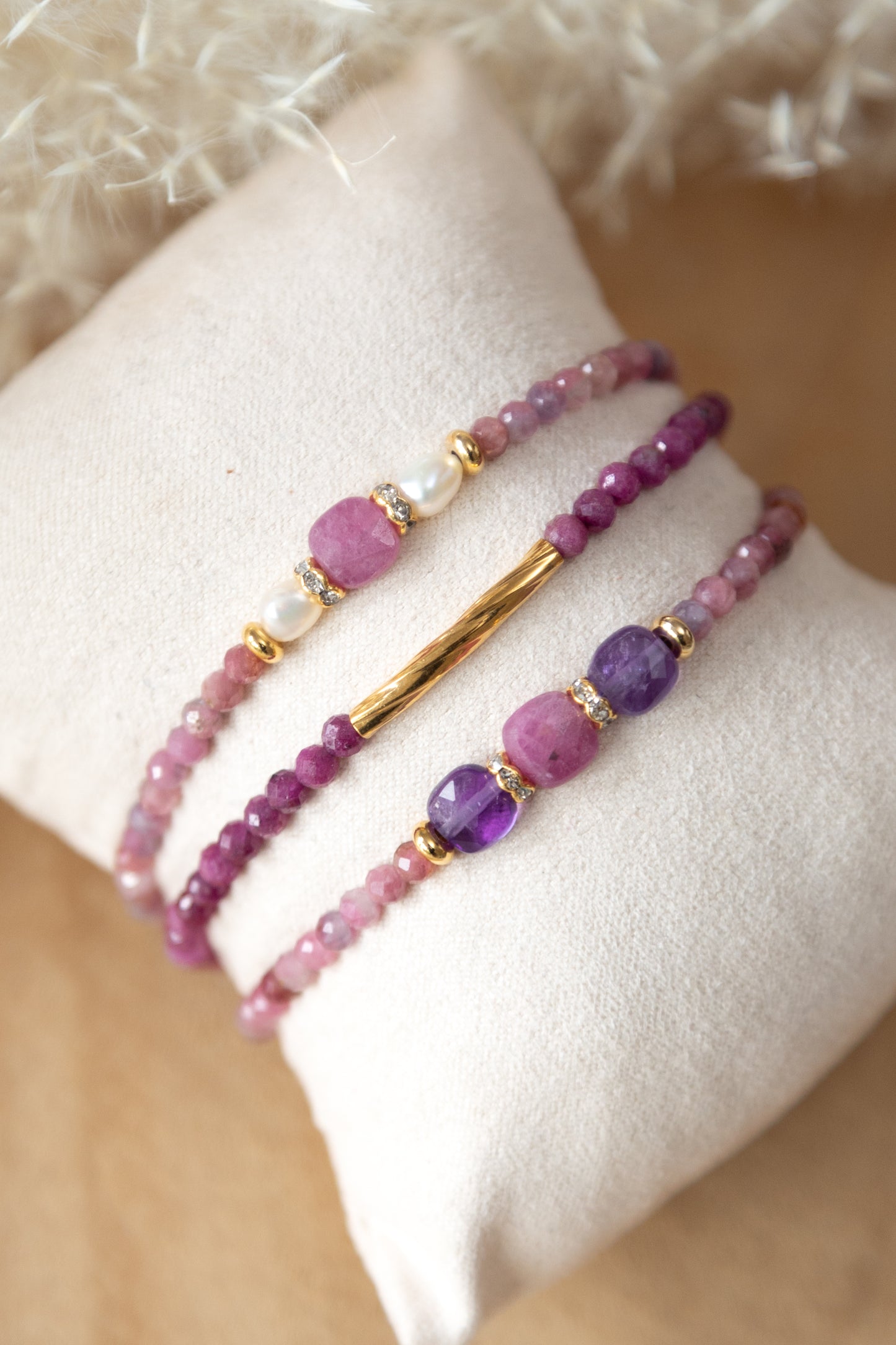 Bracelet Nina, Lou et Amélia en pierre de Tourmaline rose et Améthyste