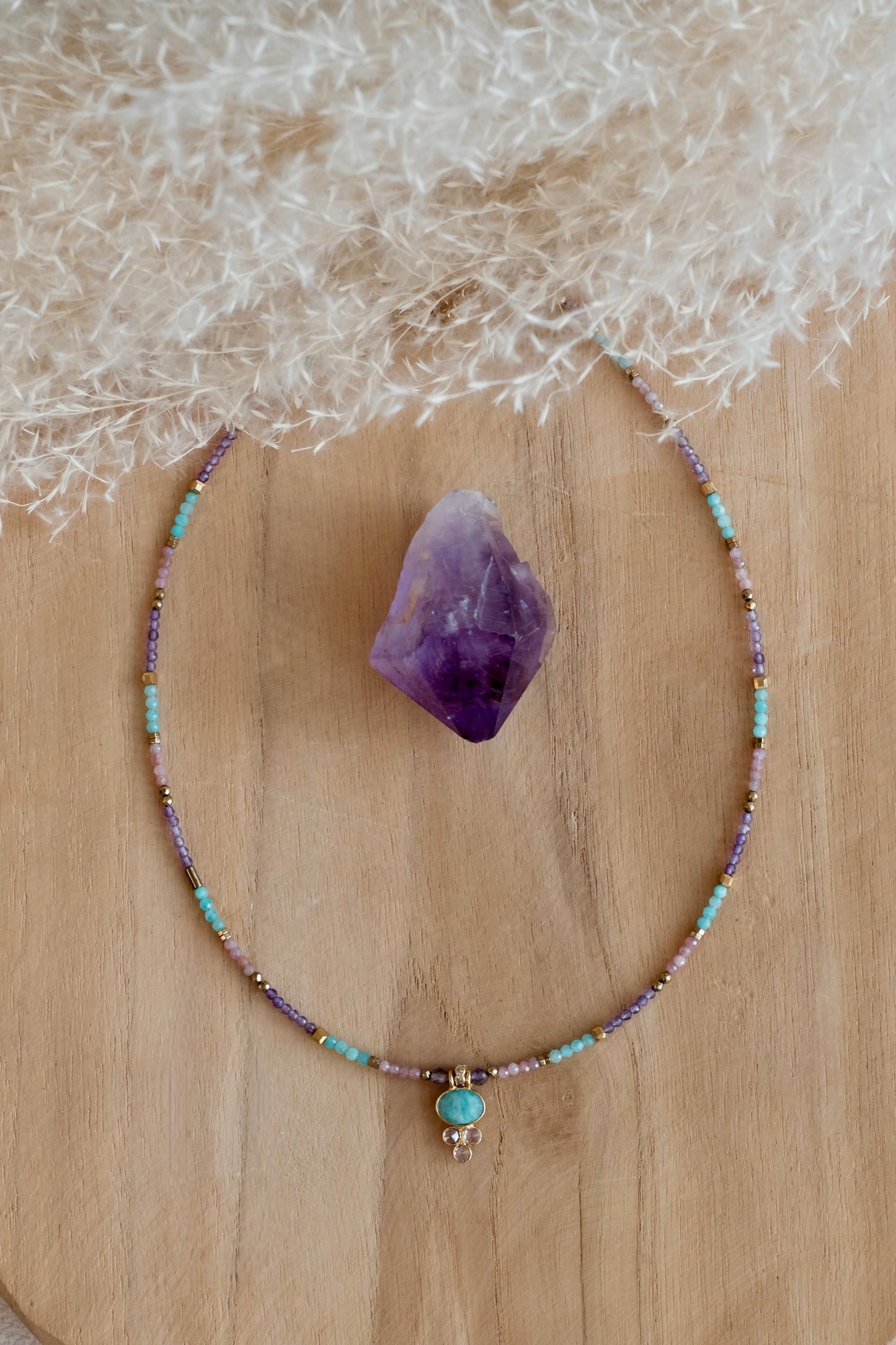 Collier Elena en pierres d'Améthyste Amazonite quartz rose