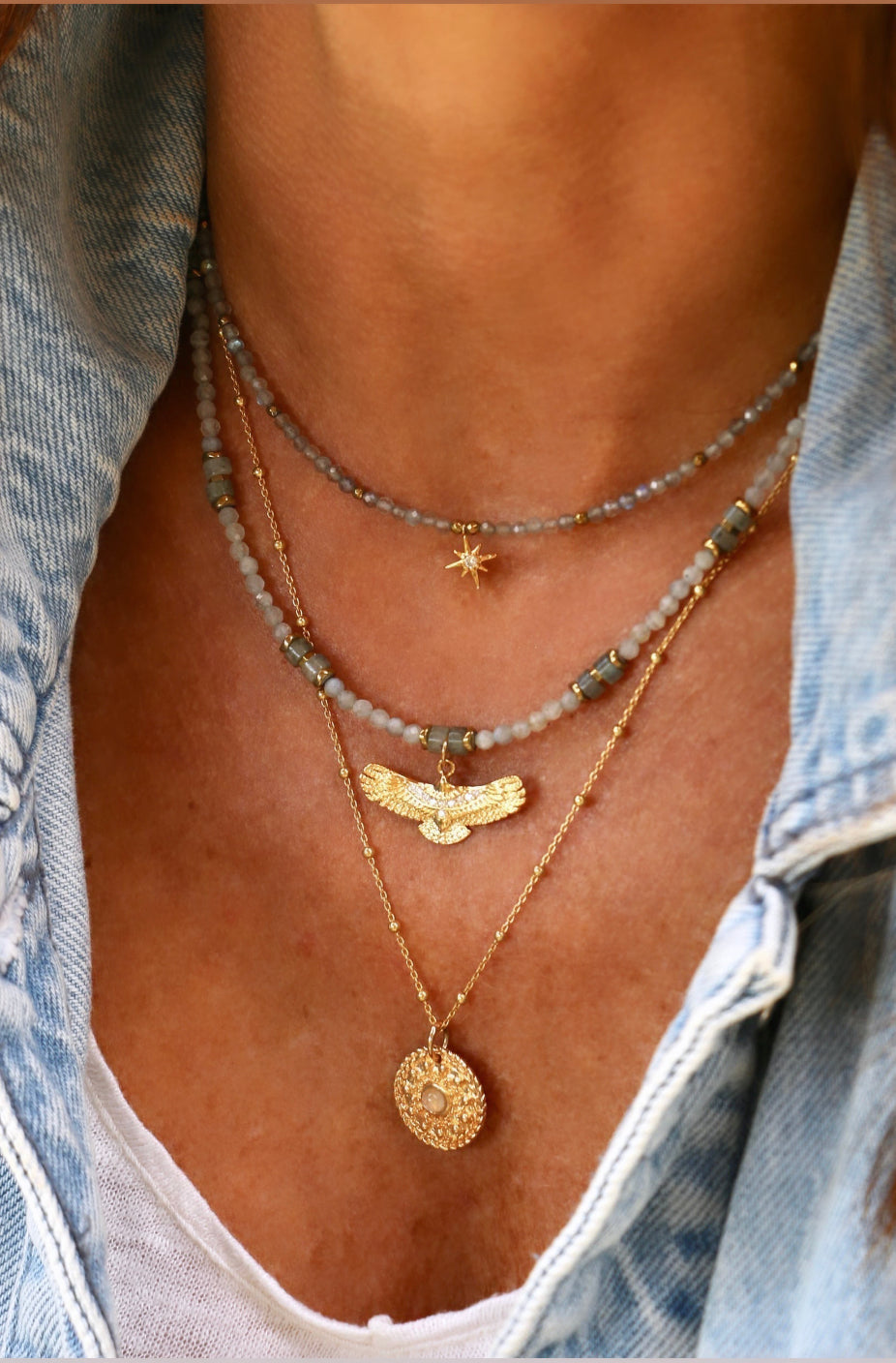 Collier Aguila pierre de Labradorite grise