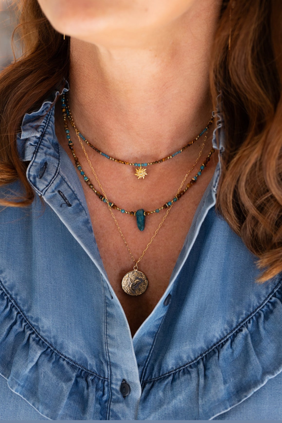 Collier Louma et Gabie en pierres naturelles d'Apatite et Oeil du tigre