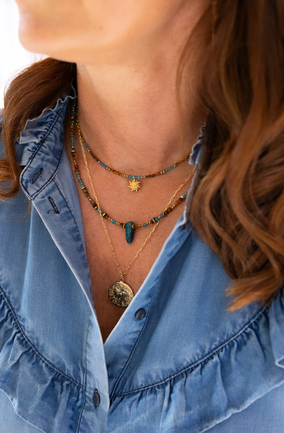 Collier Louma et Gabie en pierres naturelles d'Apatite et Oeil du tigre