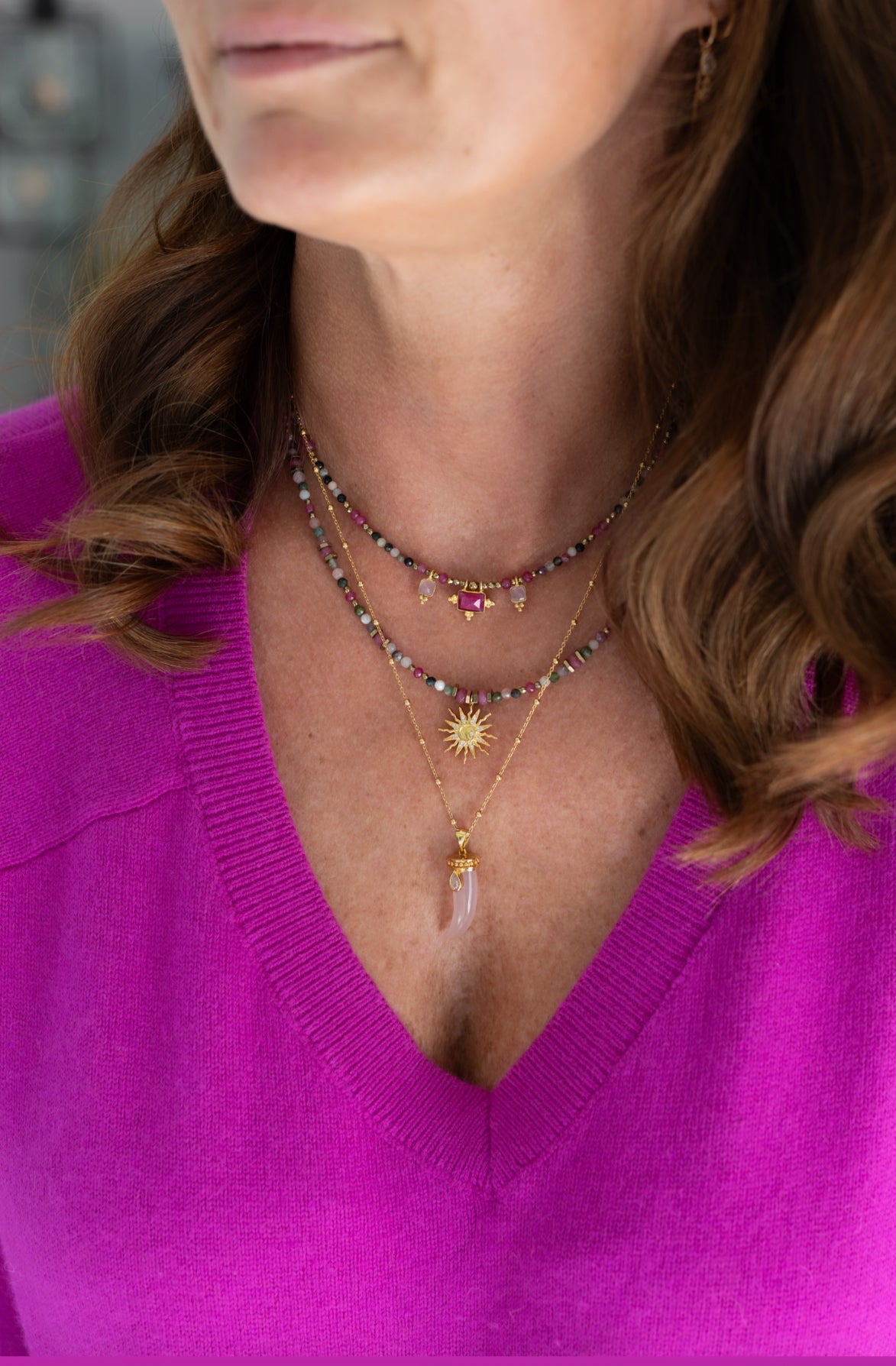Collier Eden en pierre de tourmaline multicolore et quartz rose rubis