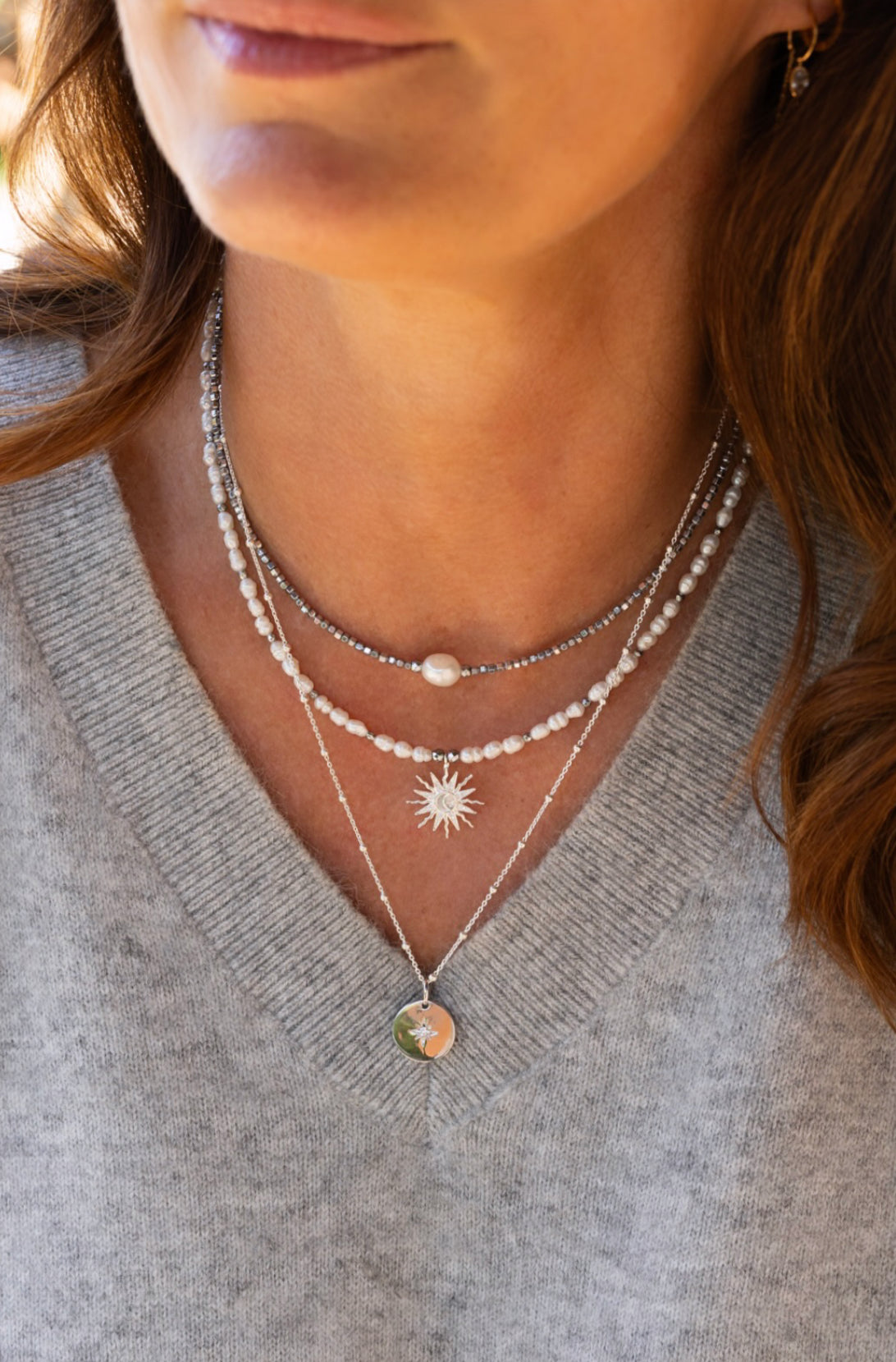 Collier Solane perles d'eau douce soleil argent
