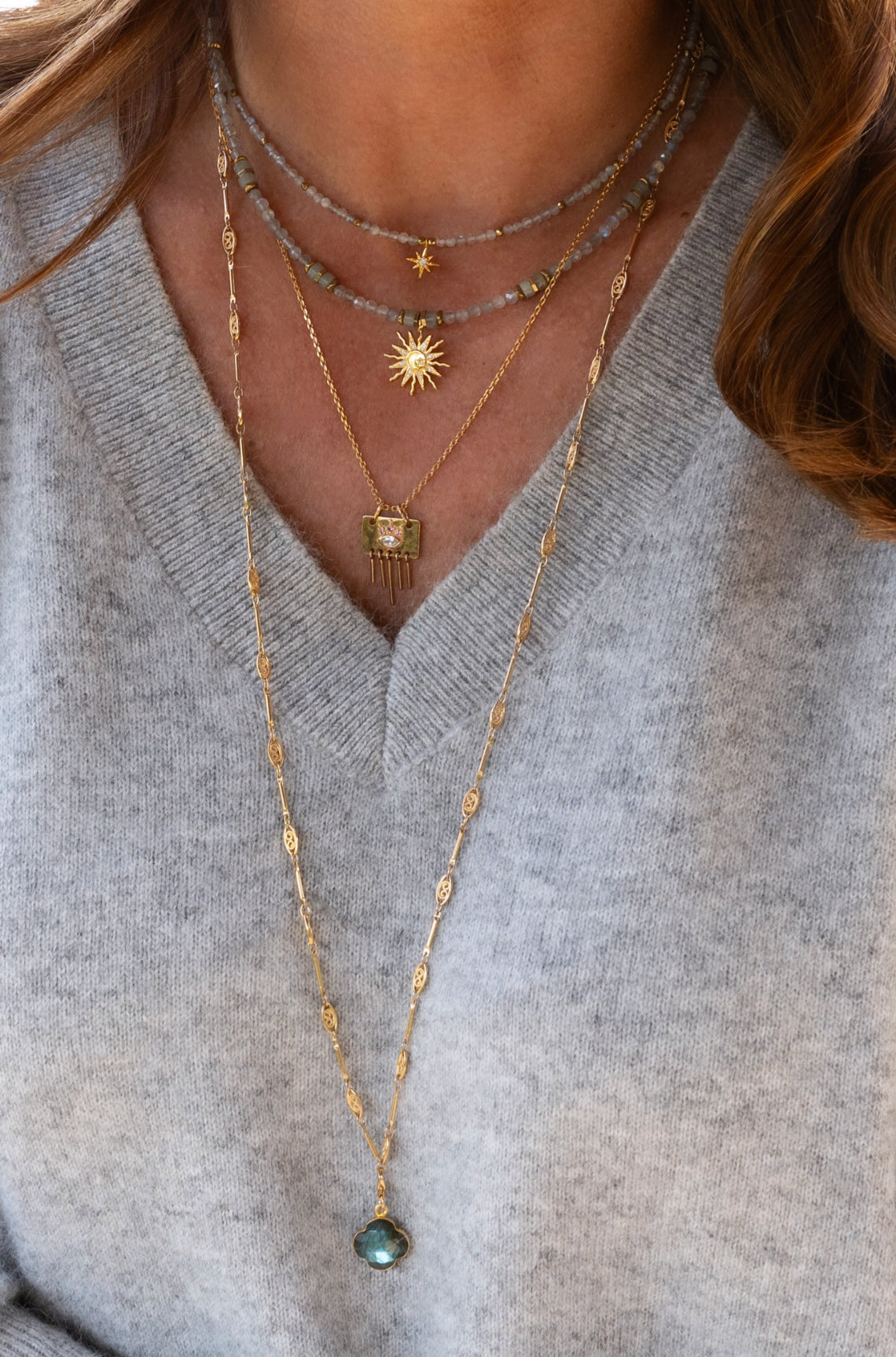 Colliers Stella , Solane en labradorite grise et soleil doré