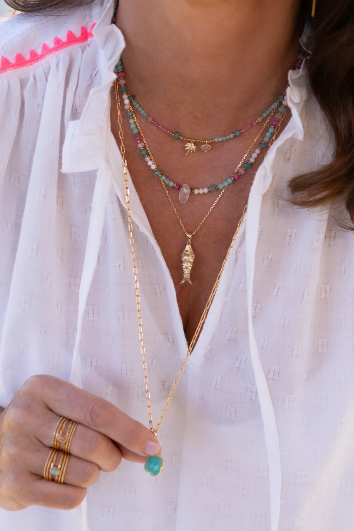Collier Tahiti en pierres d'Amazonite, quartz et Tourmaline rose