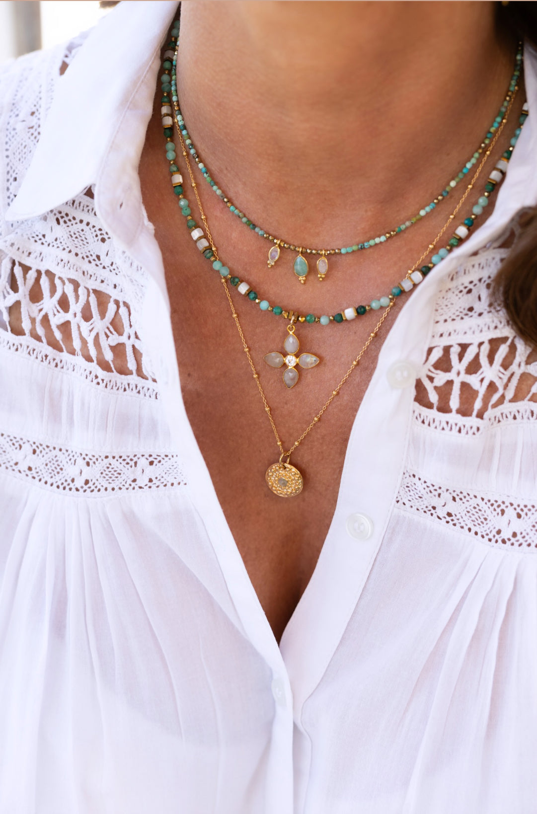 Collier Fanfi en pierres de Chrysocolle et pierre de Lune et Amazonite