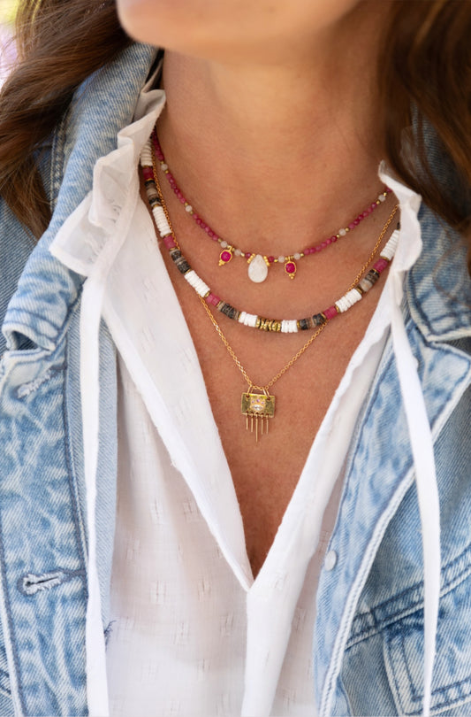 Collier Summer en pierre d'Agate rose, hématite, nacre