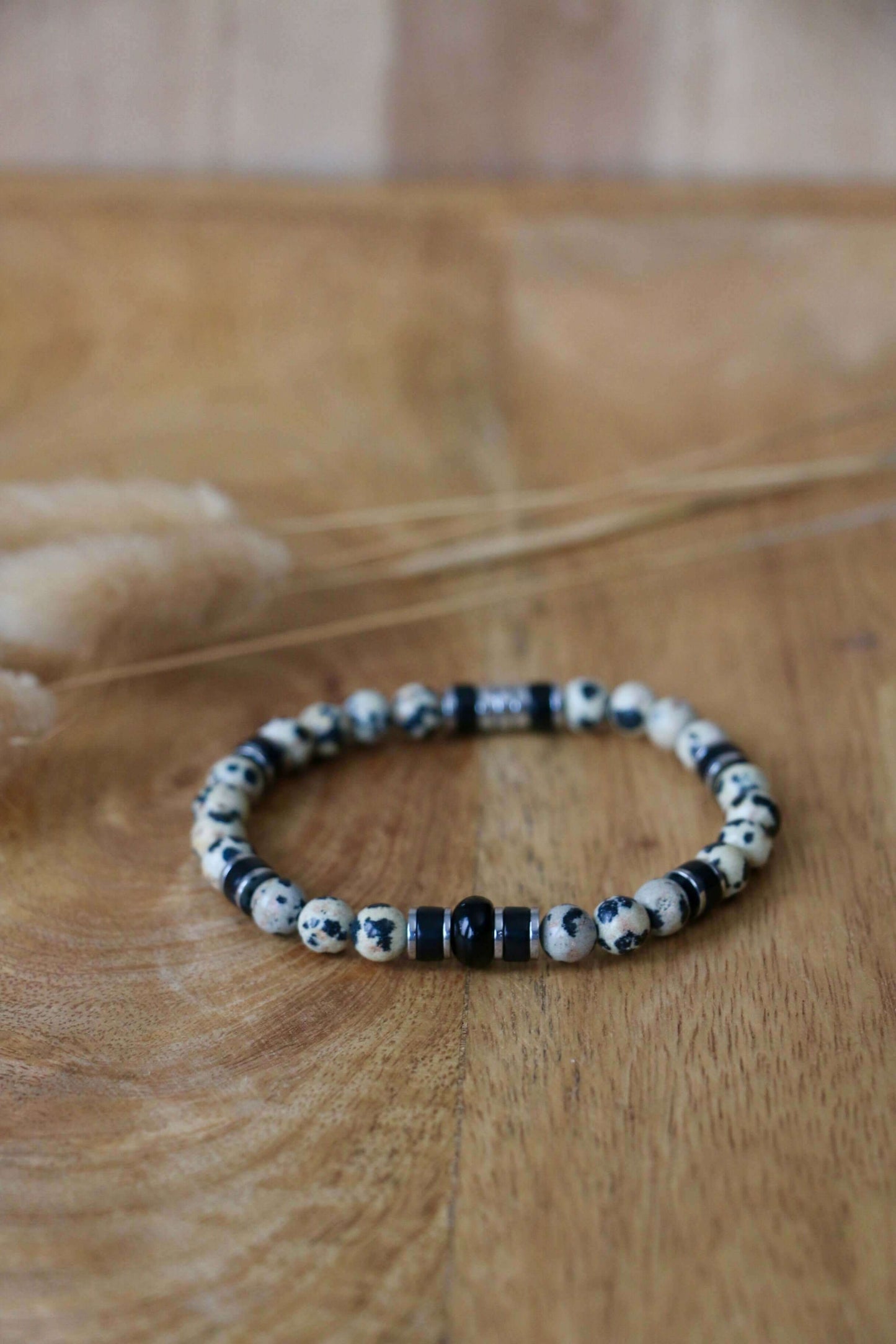 Bracelet homme perles de Jaspe dalmatien, onyx