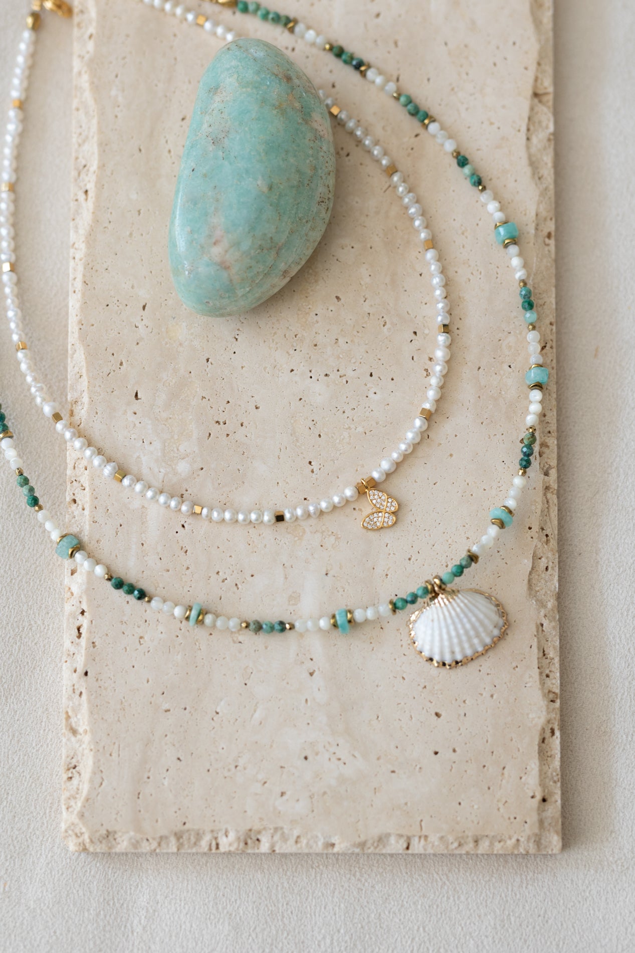 Collier Shell en Chrysocolle, amazonite et nacre