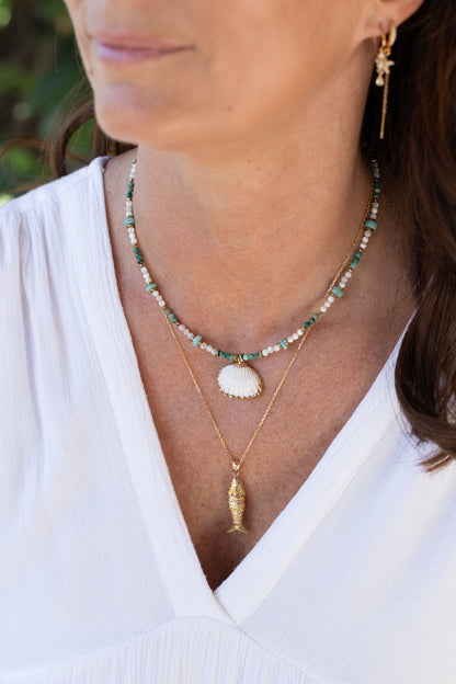 Collier Shell en Chrysocolle, amazonite et nacre