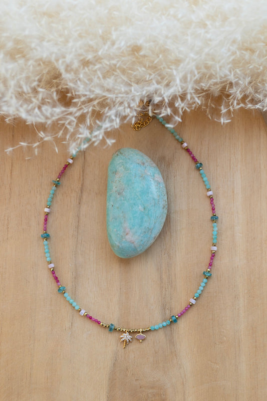 Collier Tahiti en pierres d'Amazonite, quartz et Tourmaline rose 