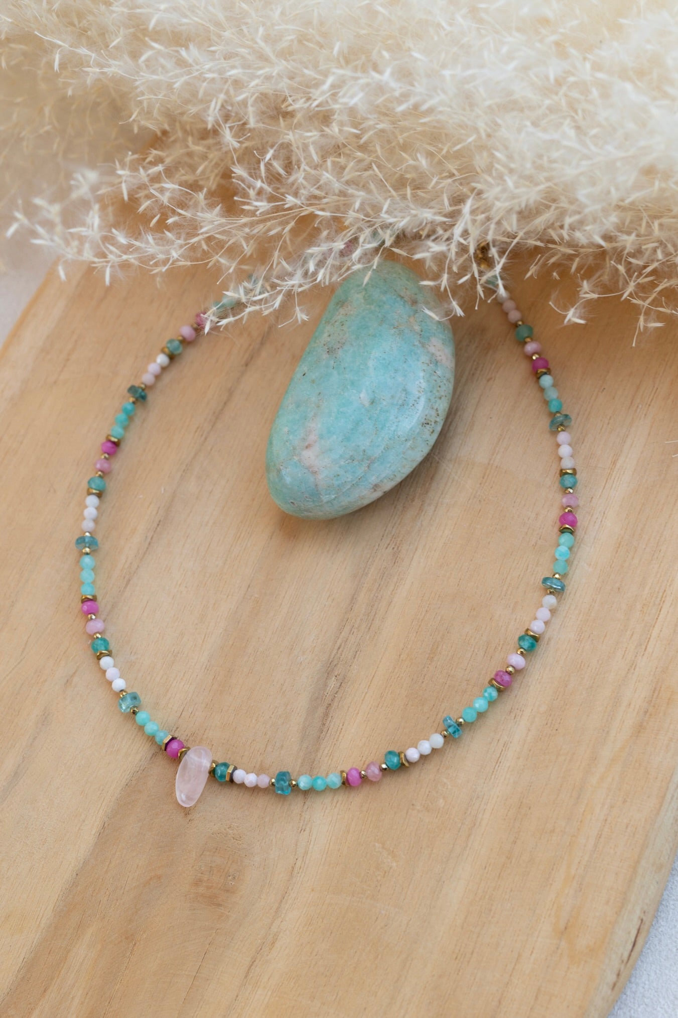 Collier Bora Bora en pierres d'Amazonite et quartz rose