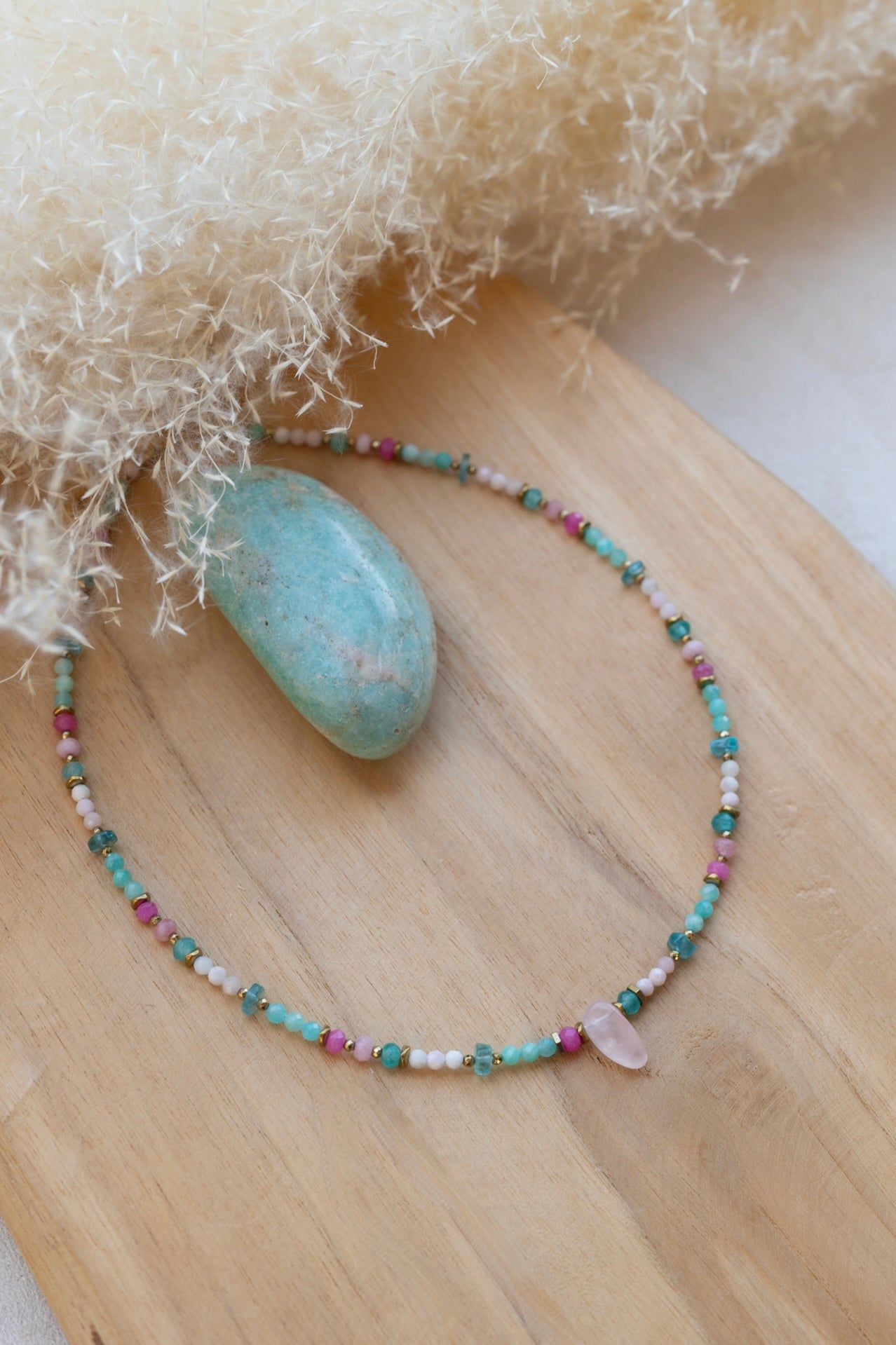 Collier Bora Bora en pierres d'Amazonite et quartz rose