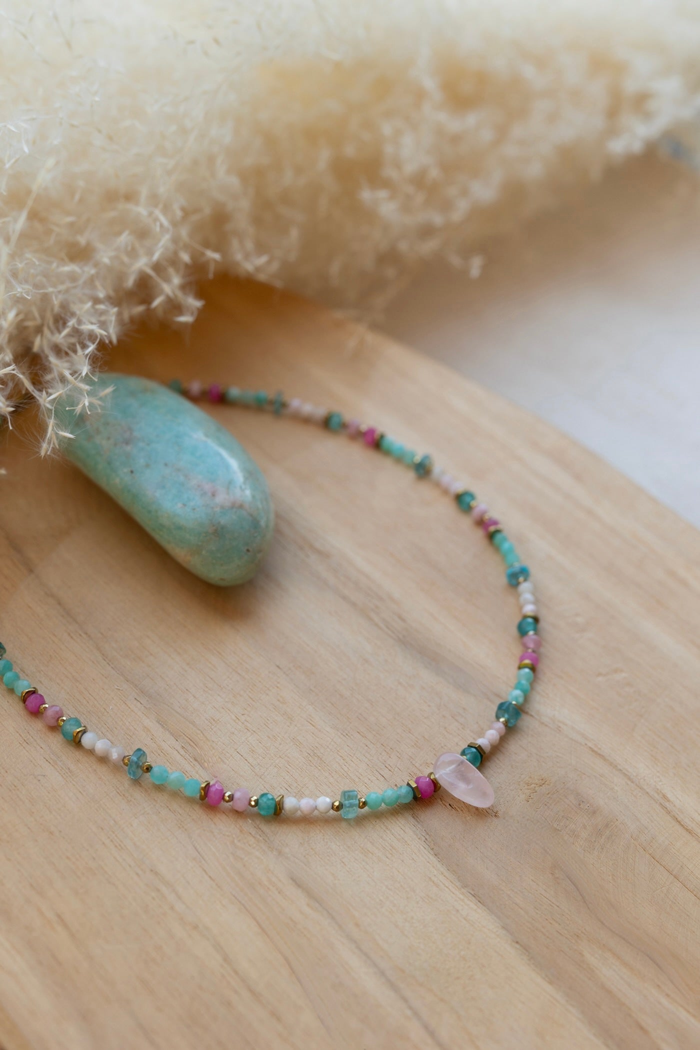 Collier Bora Bora en pierres d'Amazonite et quartz rose