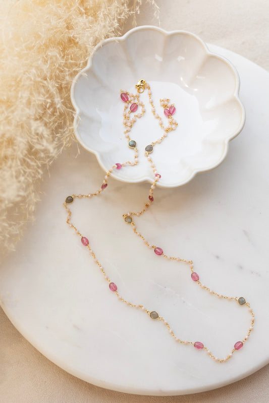 Sautoir Anastasia pierres labradoeite quartz rose 