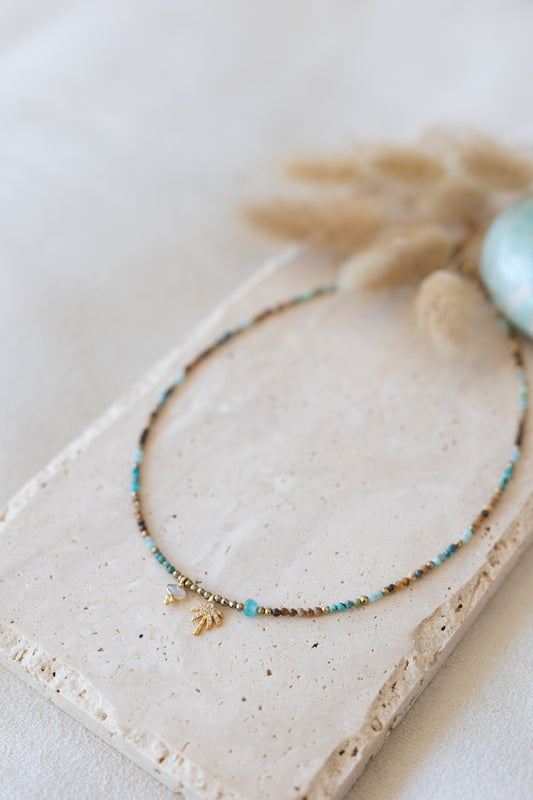 Collier Palmier en pierres fines d'amazonite, oeil du tigre chrysocolle