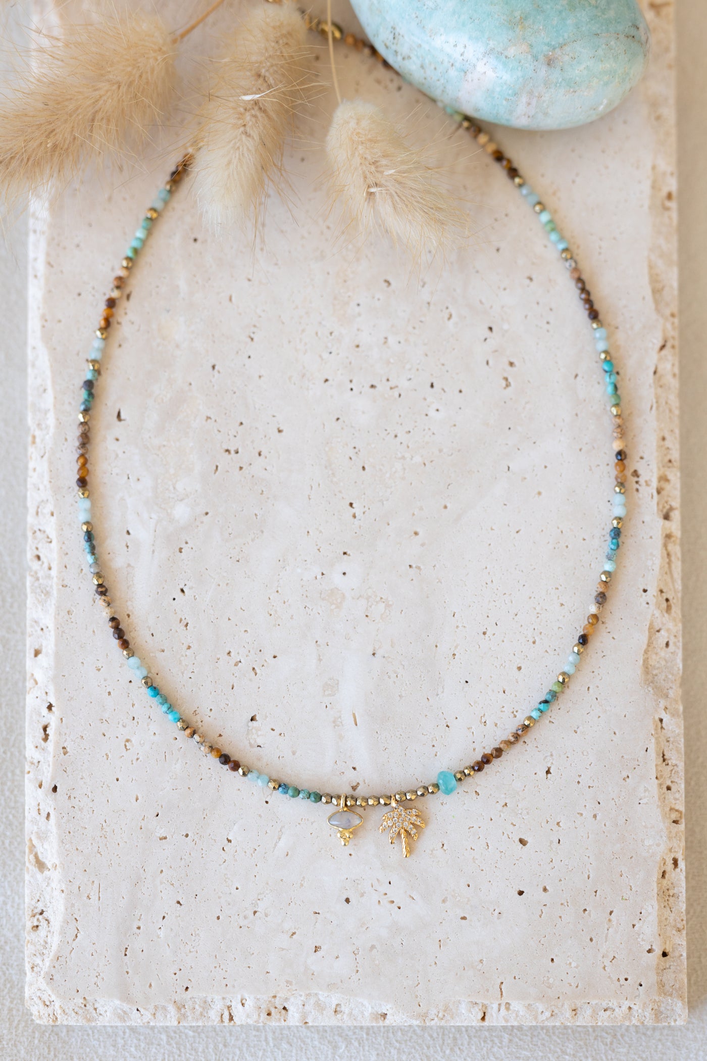 Collier Palmier en pierres fines d'amazonite, oeil du tigre chrysocolle