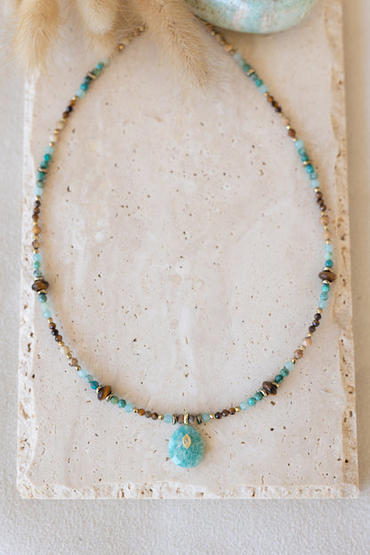 Collier Tiaré pierres fines oeil du tigre Amazonite 