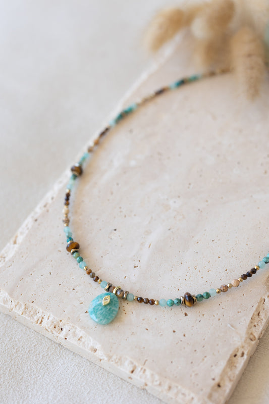 Collier Tiaré pierres fines oeil du tigre Amazonite 