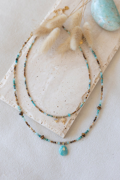 Collier Palmier en pierres fines d'amazonite, oeil du tigre chrysocolle