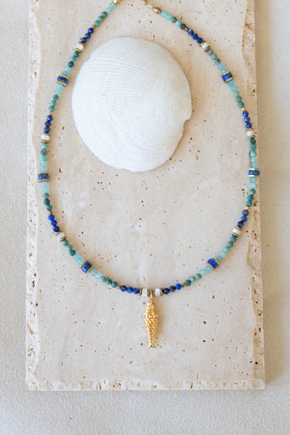 Collier Lagune, pierres fines Lapis-lazuli, amazonite, nacre et chrysocolle