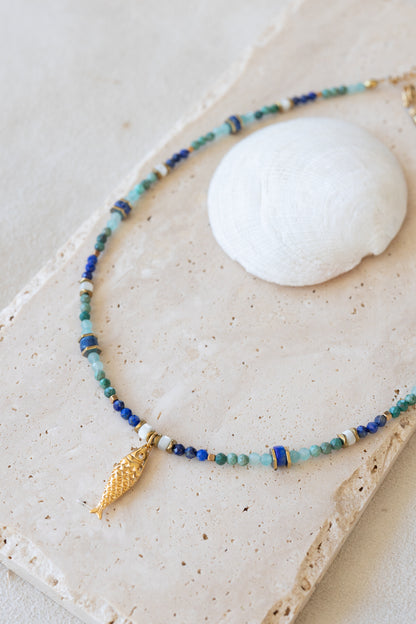 Collier Lagune, pierres fines Lapis-lazuli, amazonite, nacre et chrysocolle