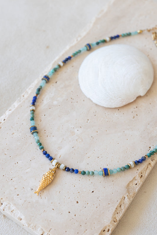 Collier Lagune, pierres fines Lapis-lazuli, amazonite, nacre et chrysocolle