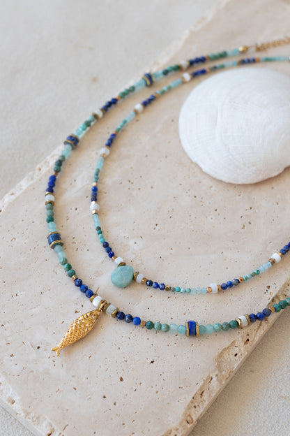 Collier Lagune, pierres fines Lapis-lazuli, amazonite, nacre et chrysocolle