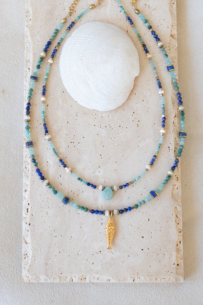 Collier Lagune, pierres fines Lapis-lazuli, amazonite, nacre et chrysocolle