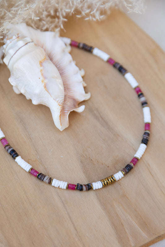 Collier Summer en pierre d'Agate rose, hématite, nacre