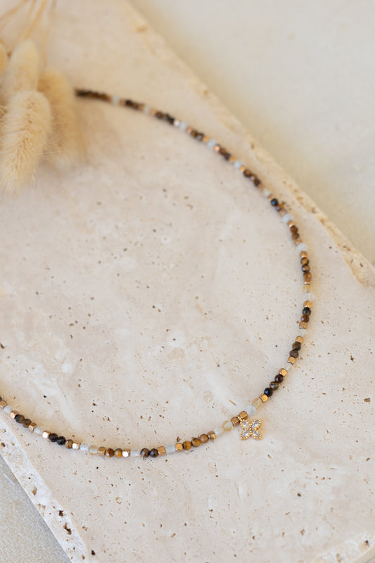 Collier Oriane en pierres de citrine, jaspe et oeil du tigre 