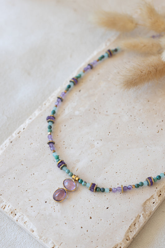 Colliers Anna ,Amalia en pierres fines d'Améthyste , Chrysocolle et amazonite