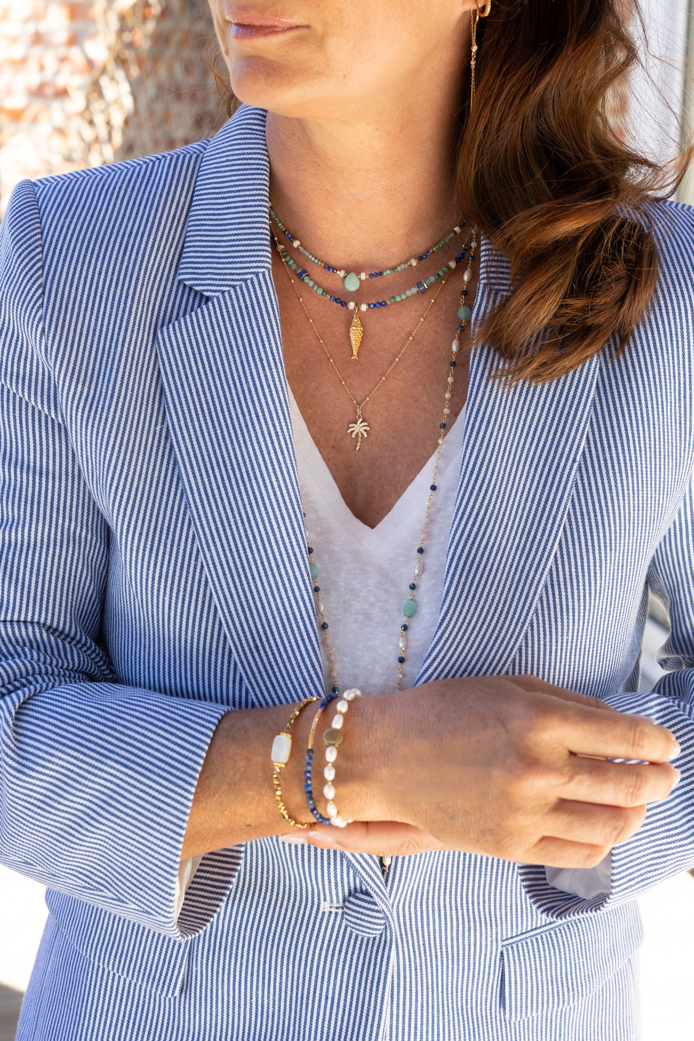 Collier Lagune, pierres fines Lapis-lazuli, amazonite, nacre et chrysocolle
