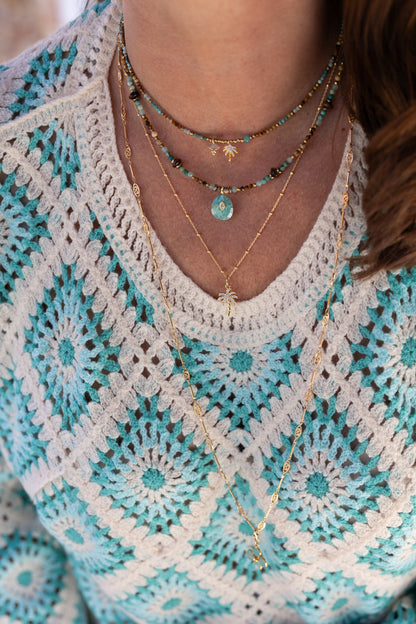 Collier s Palmier et Tiaré pierres  fines oeil du tigre Amazonite 