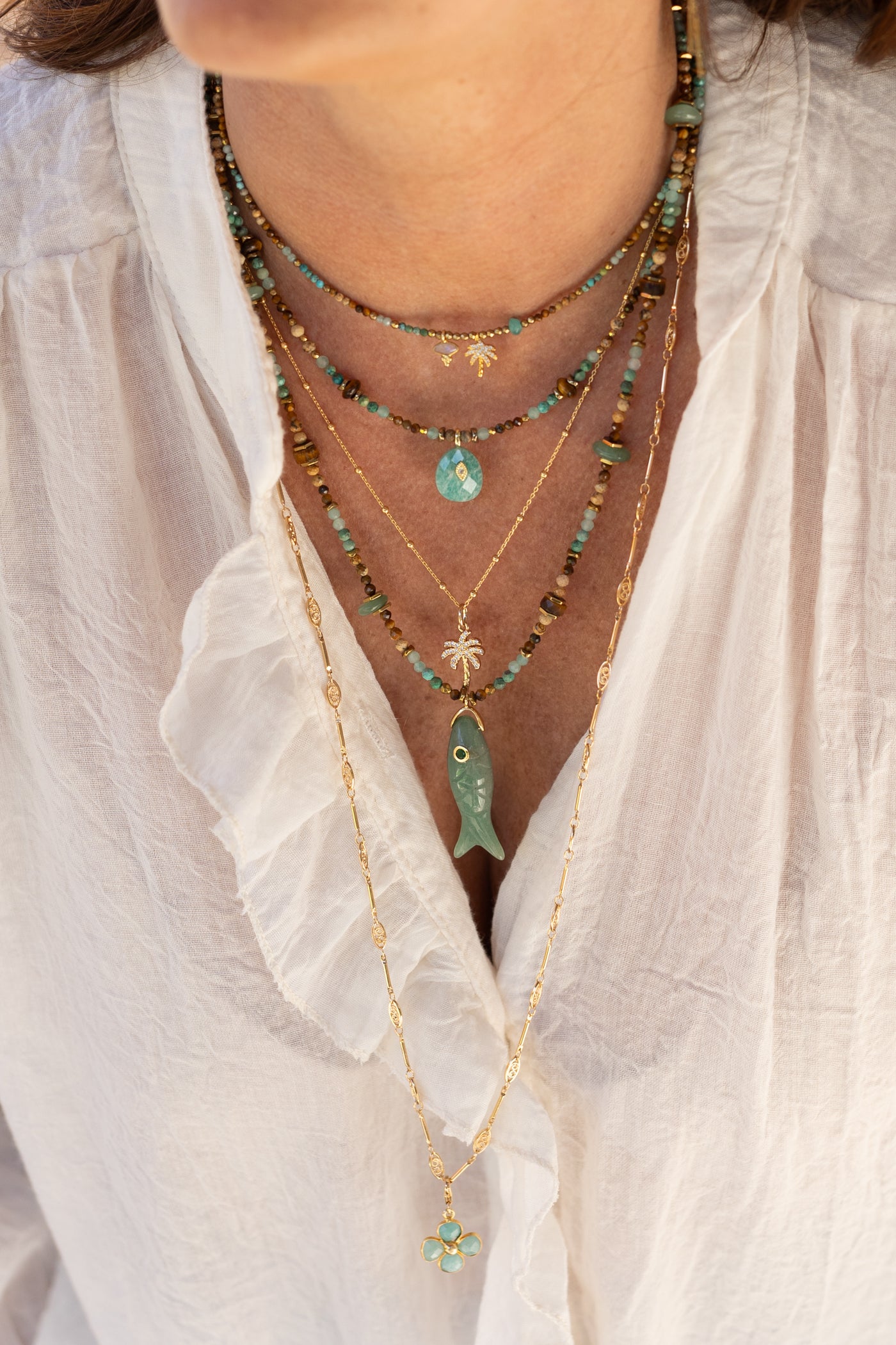 Collier Palmier et Tiaré pierres fines oeil du tigre Amazonite 