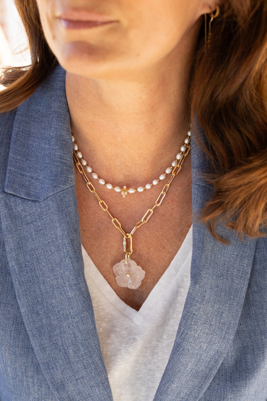 Pendentif Fleur quartz rose