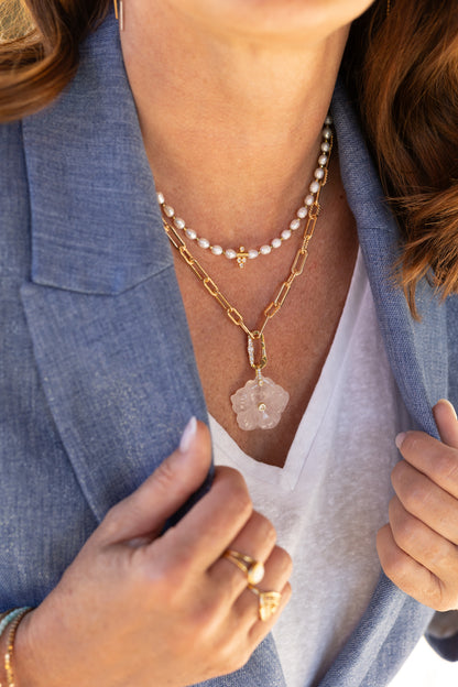 Pendentif Fleur quartz rose