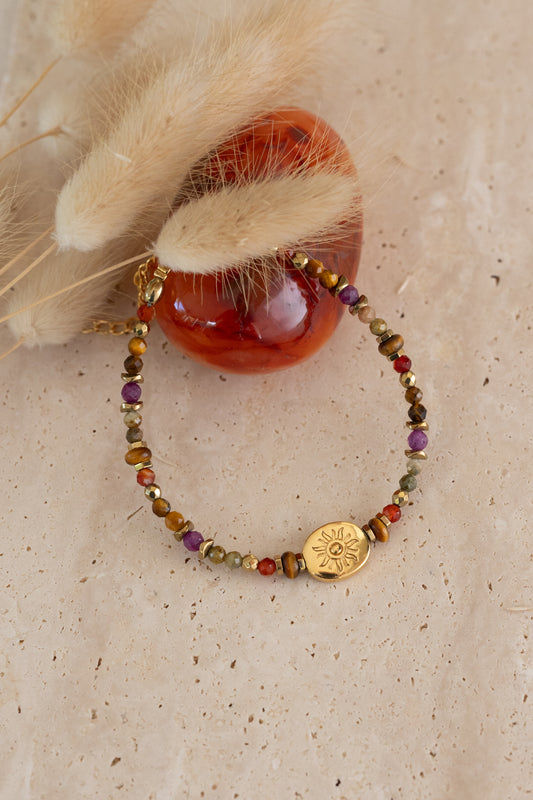 Bracelet en pierre de rubis cornaline, oeil du tigre et péridot