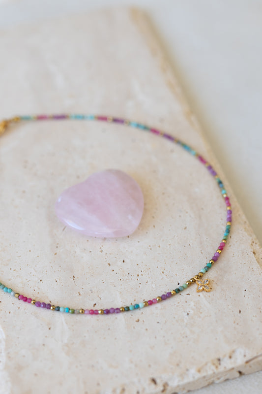 collier Flora colors pierres e chrysocole rubis calcédoine rose