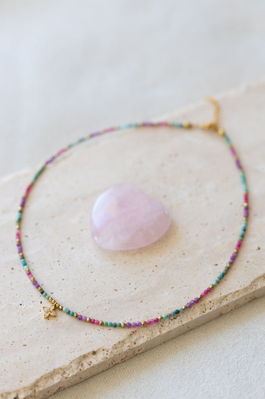 collier Flora colors pierres e chrysocole rubis calcédoine rose