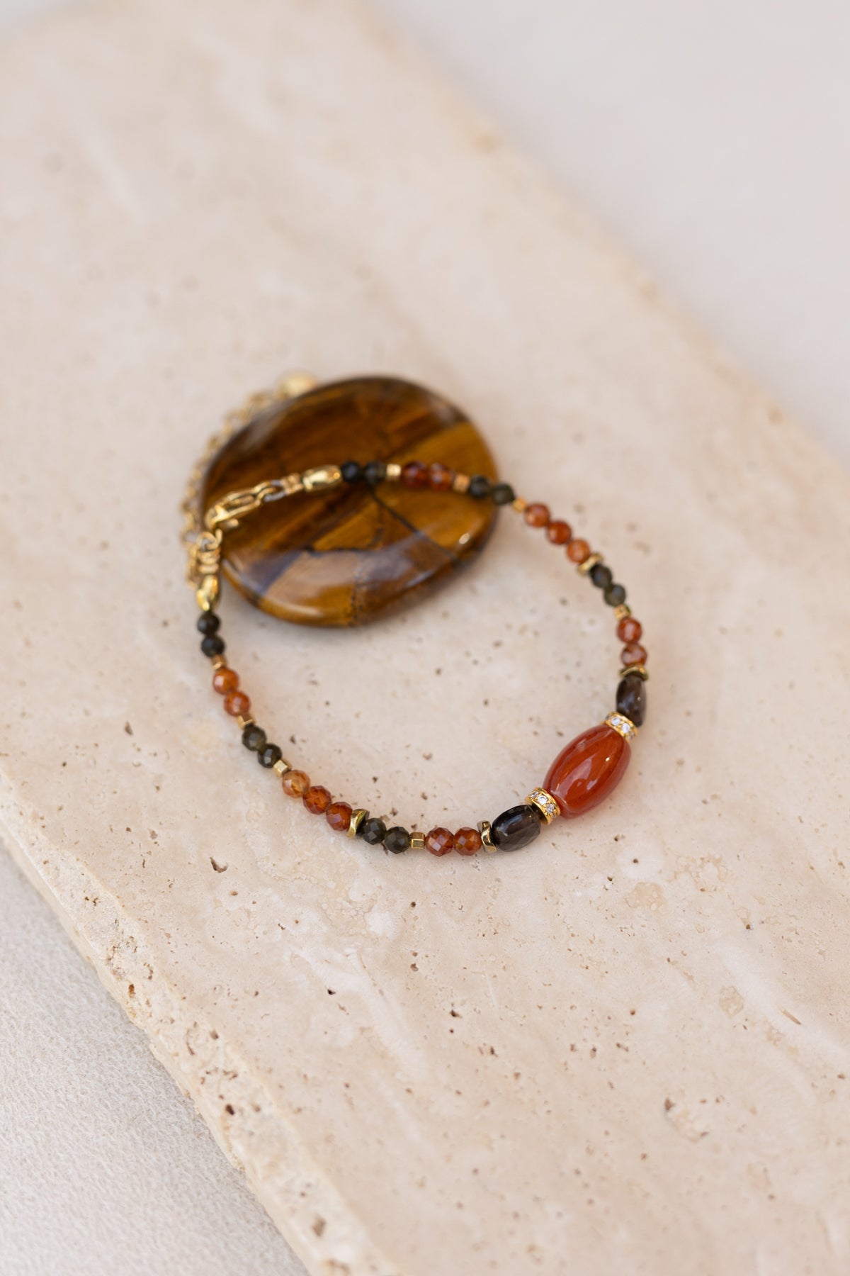 Bracelet Tiago pierres quratz fumé, cornaline obsidienne