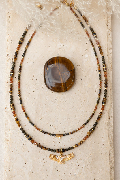 Colliers tiago et Aguila en pierres naturelles oeil du tigre obsidienne cornaline