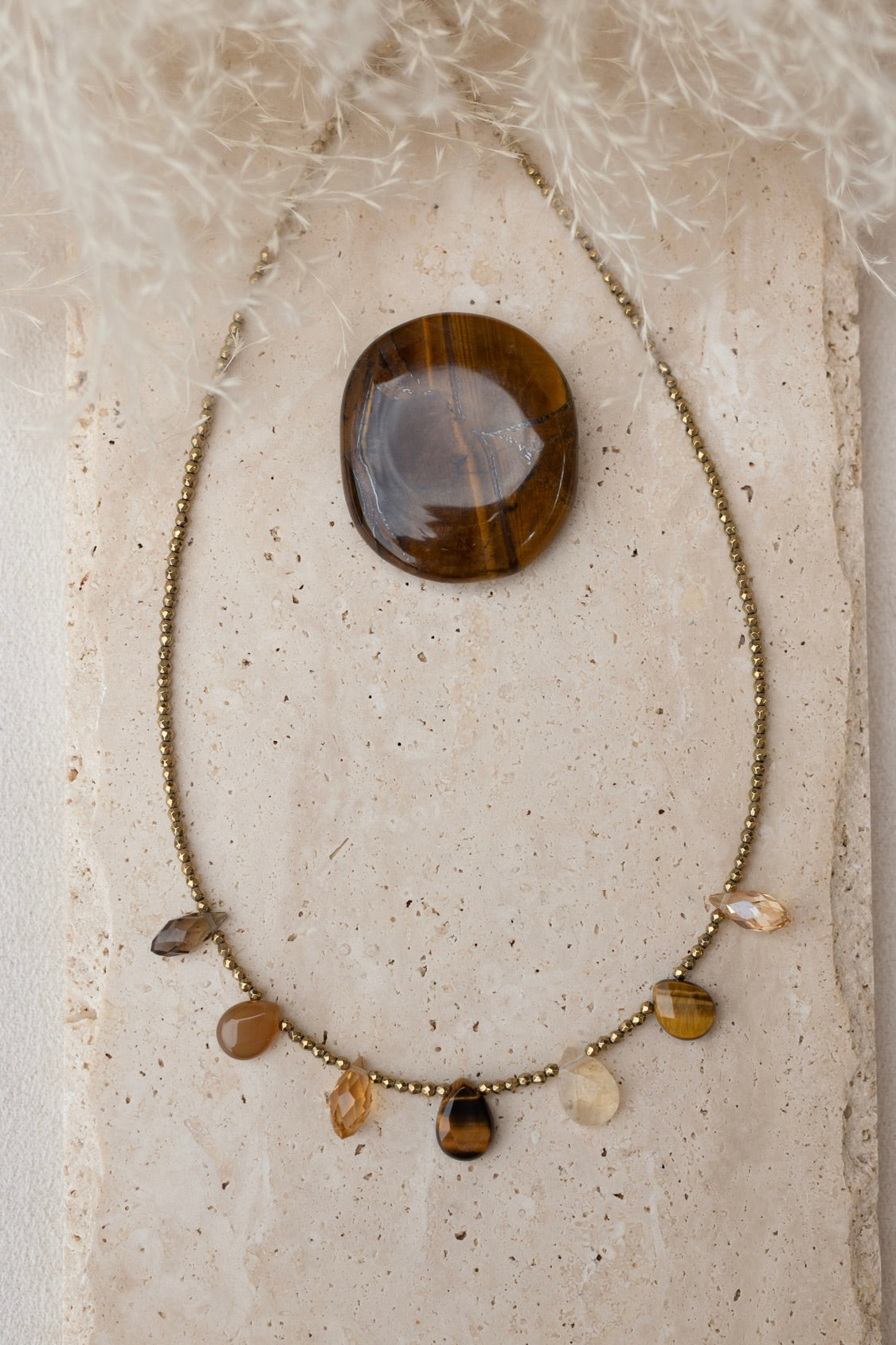 Collier Charlize marron pierres fines oeil du tigre citrine quartz fumé