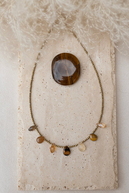 Collier Charlize marron pierres fines oeil du tigre citrine quartz fumé