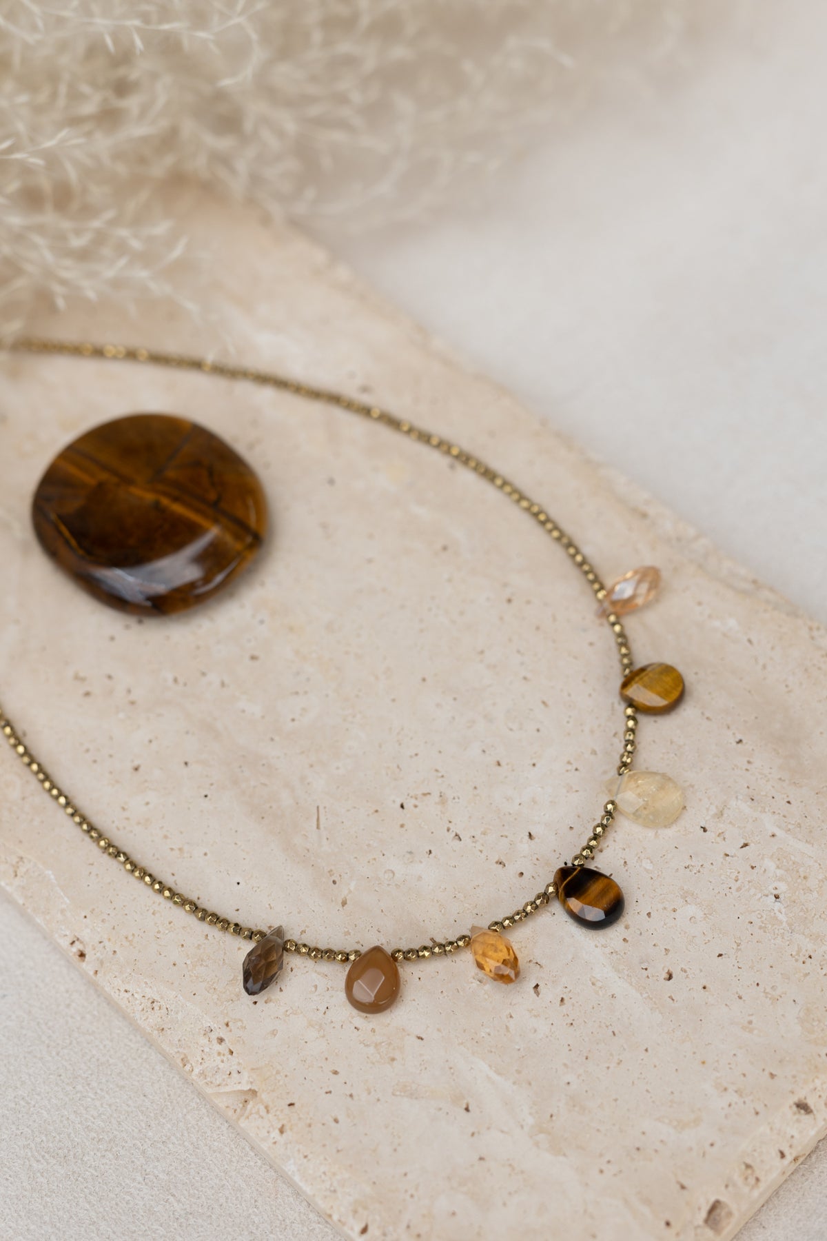 Collier Charlize marron pierres fines oeil du tigre citrine quartz fumé