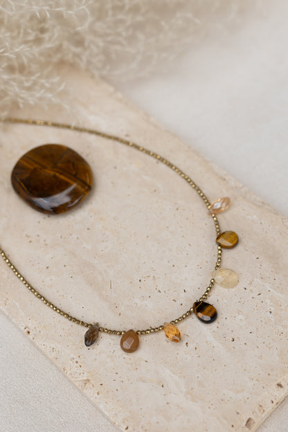Collier Charlize marron pierres fines oeil du tigre citrine quartz fumé